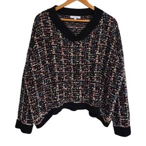 FAVLUX Chunky Oversized Silver Metallic Ribbon V-Neck Tinsel Sweater Black‎